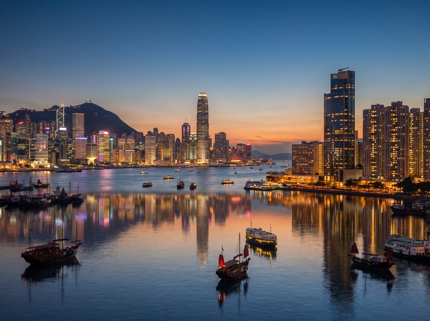 Hong Kong skyline at dusk viewed from Victoria Harbour