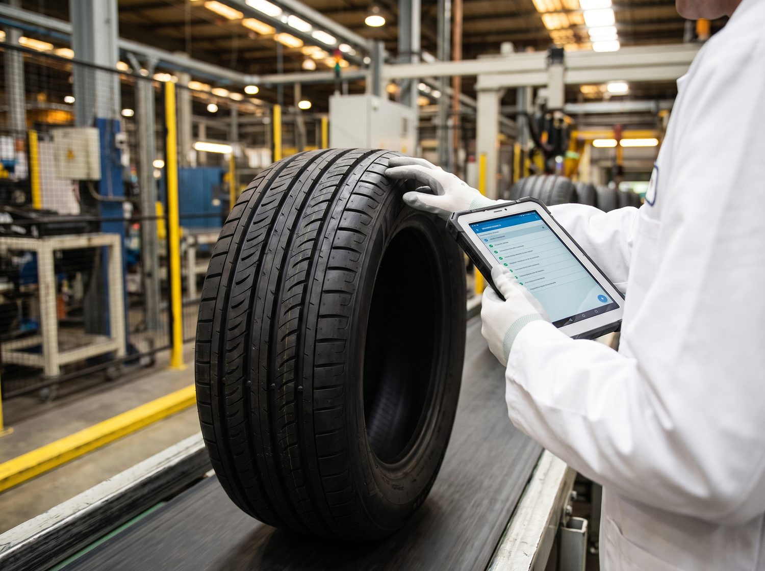 Quality-control technician inspecting a tire on a factory production line