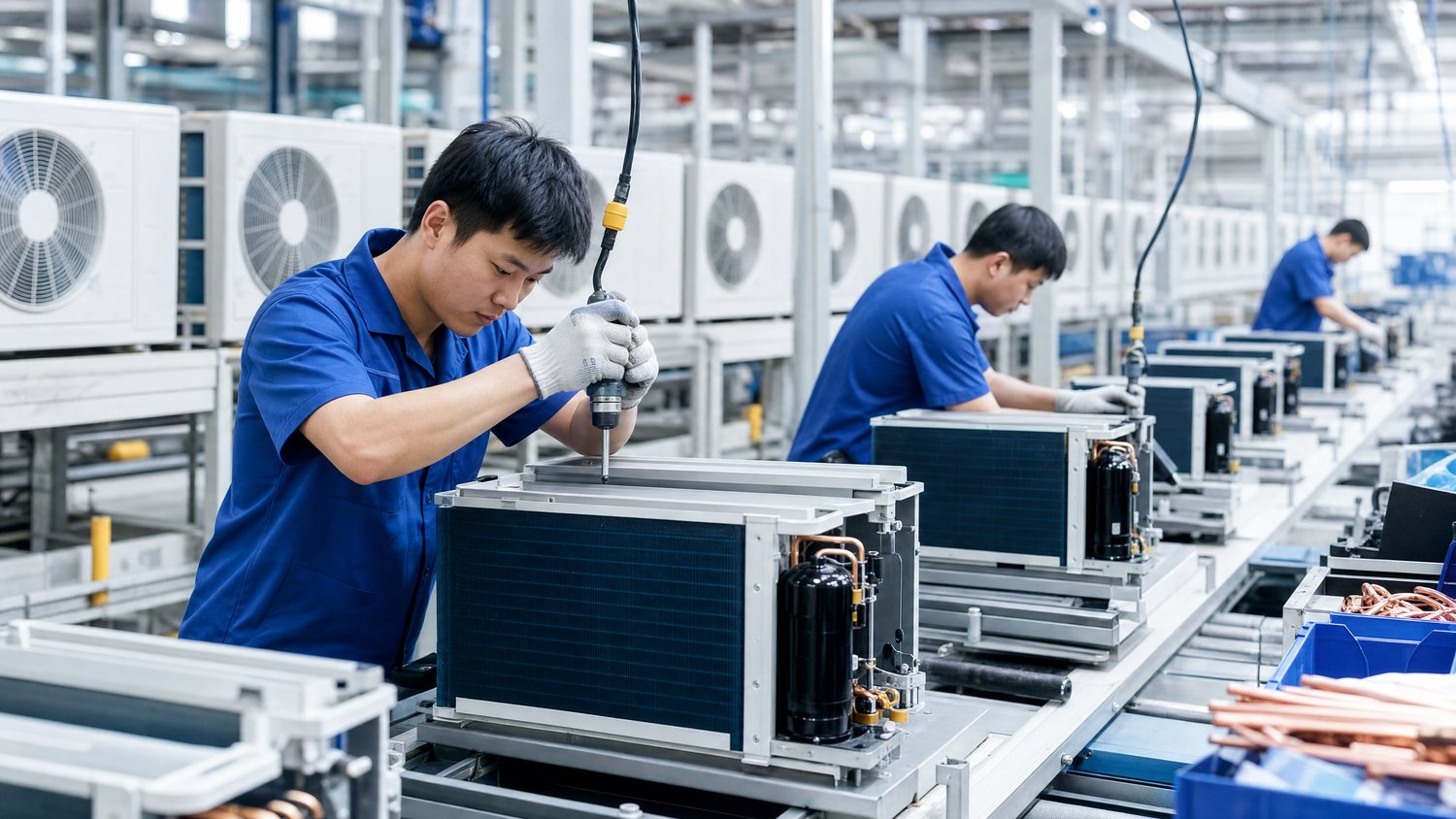 Technicians assembling air conditioning units on a production line