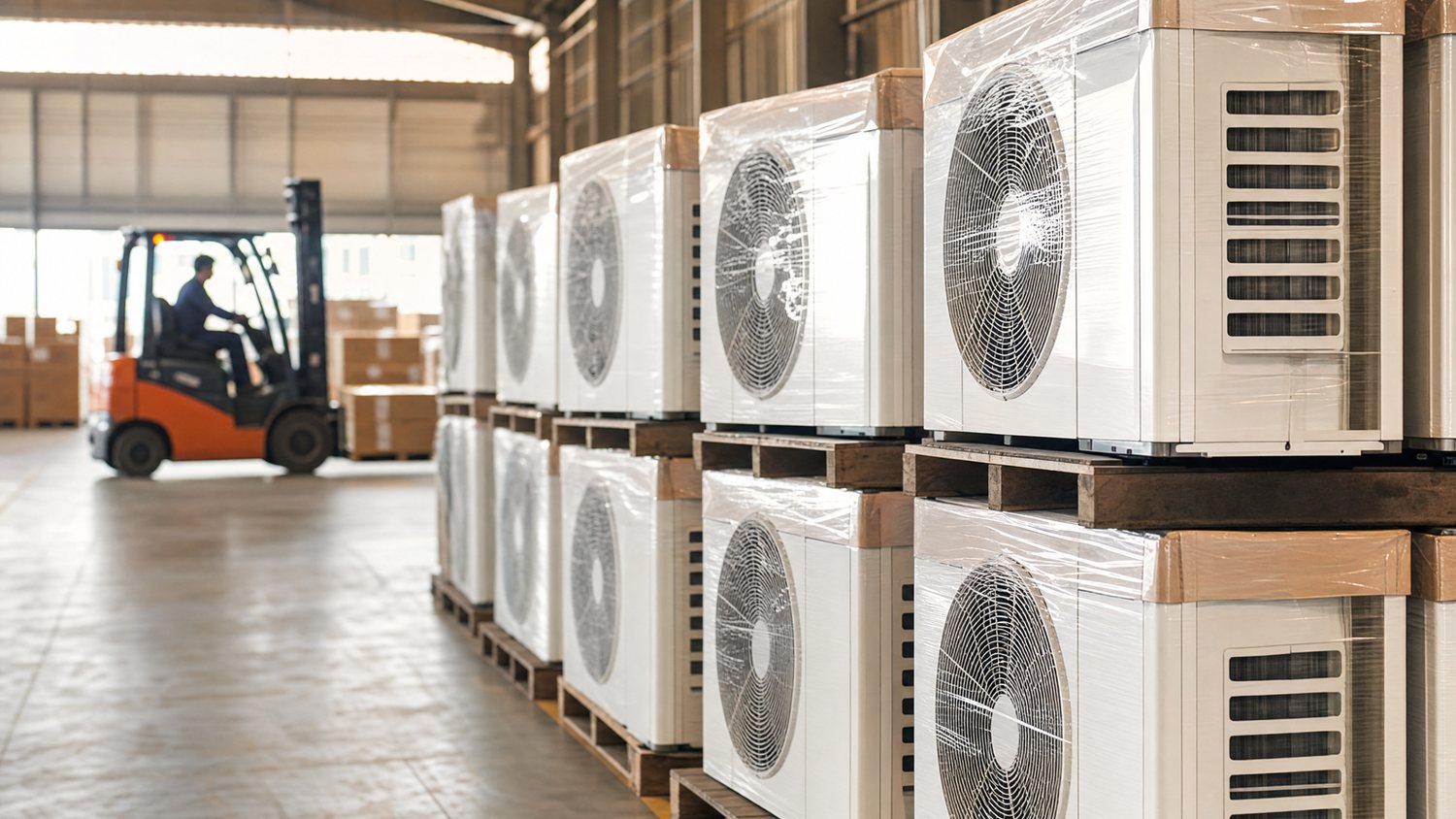 Finished air conditioner units shrink-wrapped on pallets in an export warehouse