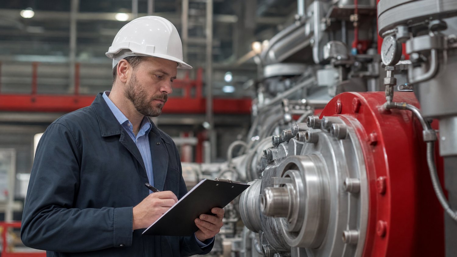 Auditor with a clipboard inspecting industrial machinery on a factory floor