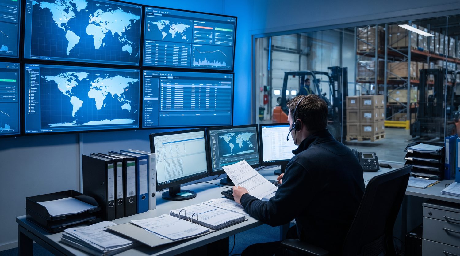 Logistics control desk with shipment tracking monitors