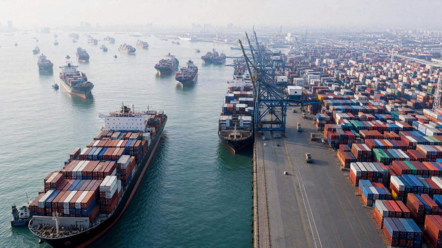 Elevated view of a congested container port with vessels queued offshore