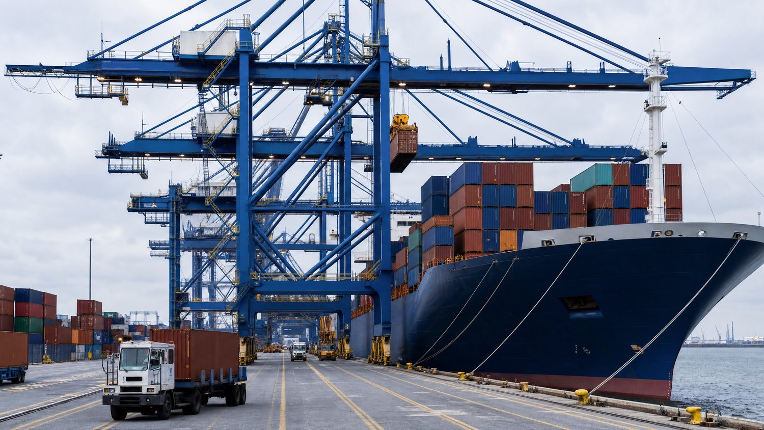 Gantry cranes loading stacked shipping containers onto a cargo vessel at a busy terminal
