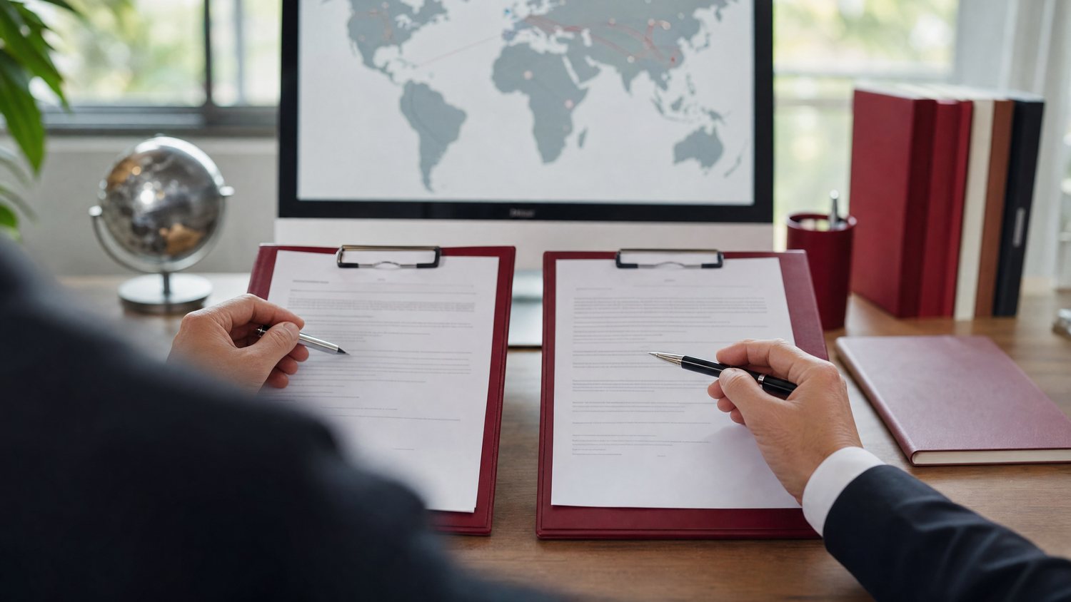 Hands comparing two supplier contracts side by side on an office desk