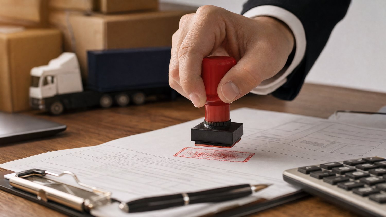Customs clearance stamp being pressed onto an export shipping document
