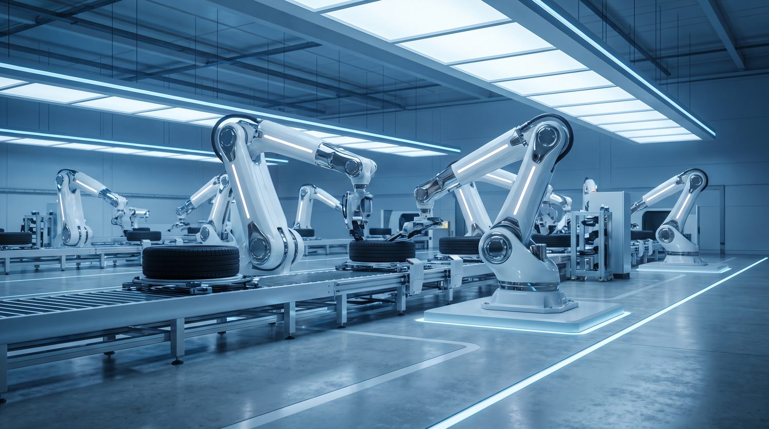 Futuristic automated factory floor with robotic arms
