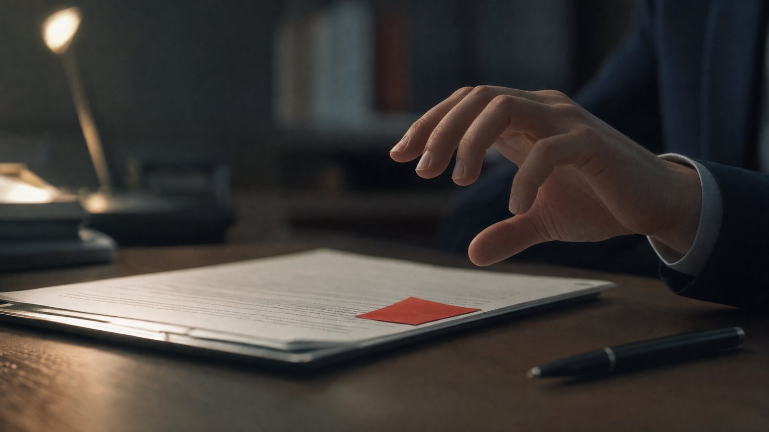 A hand hovering hesitantly over an unsigned contract with a red warning note attached