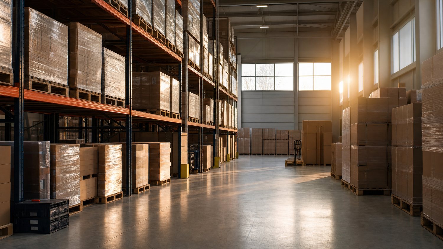Quiet organized warehouse with stacked pallets and shipping boxes