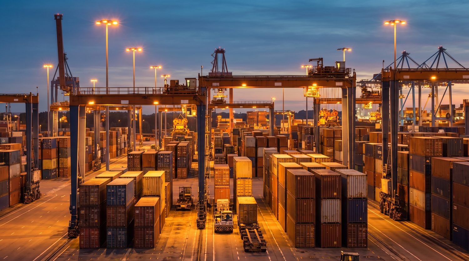Busy container terminal with gantry cranes at dusk