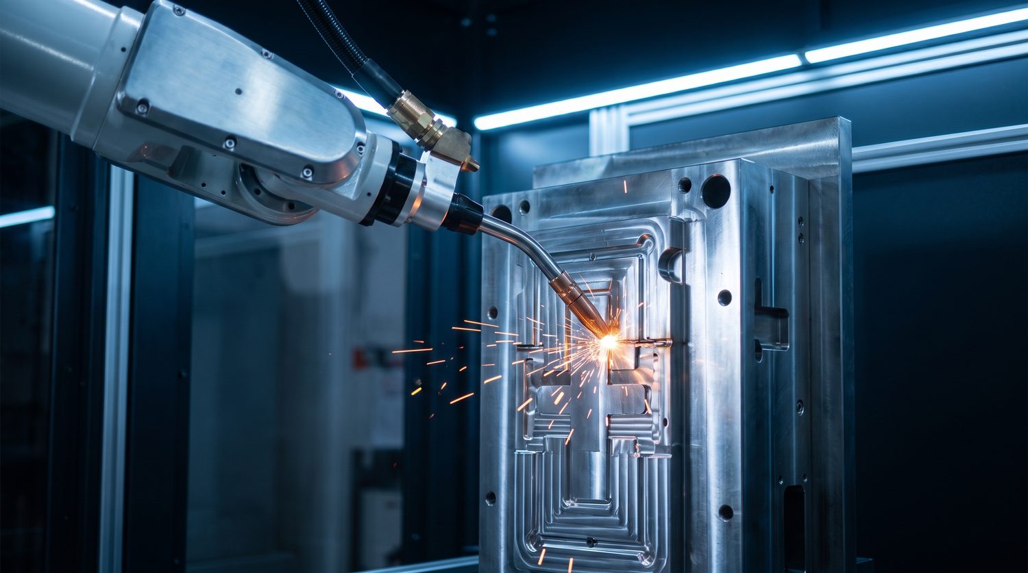 Precision robotic arm shaping a metal mold under blue industrial light
