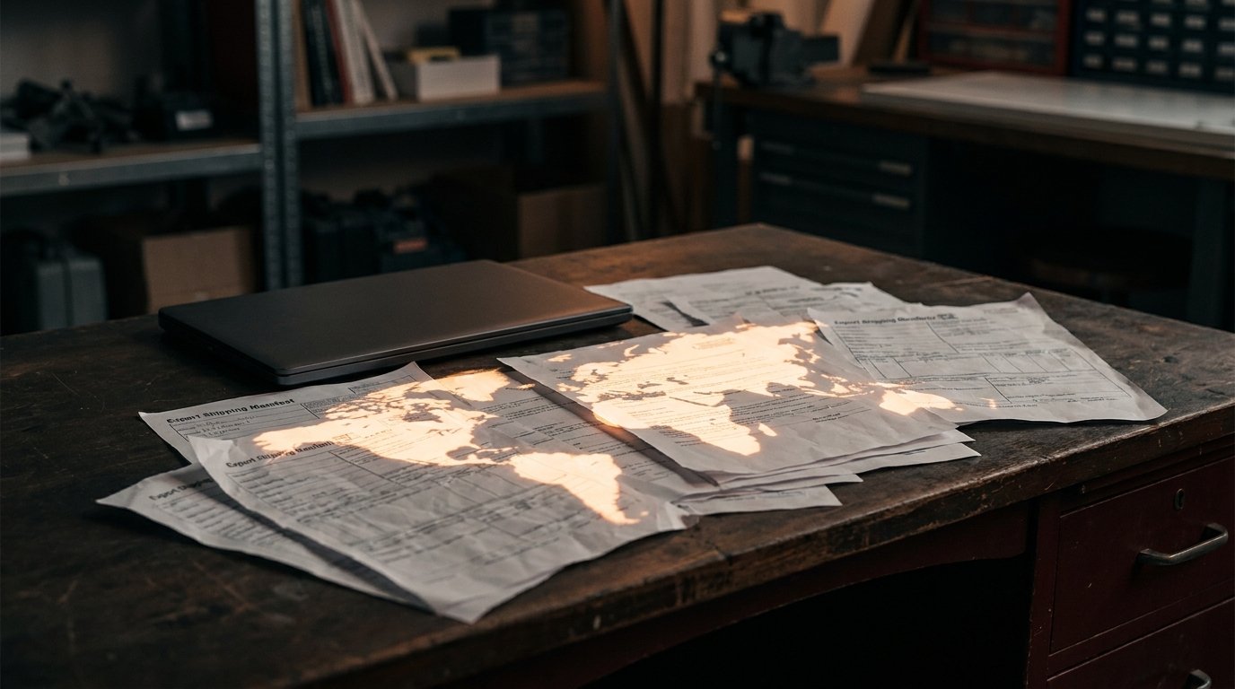 World map light-projected across export shipping documents on an industrial workbench