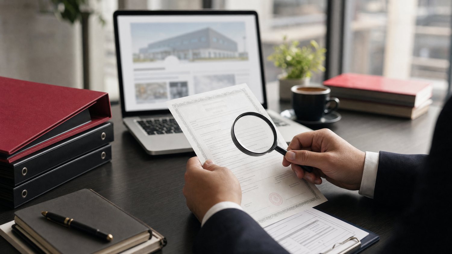 Hands reviewing a business license document with a magnifying glass