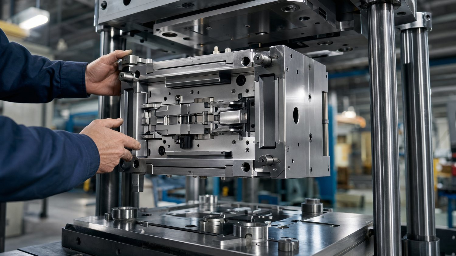 Close-up of a precision-machined steel injection mold being set into an industrial press