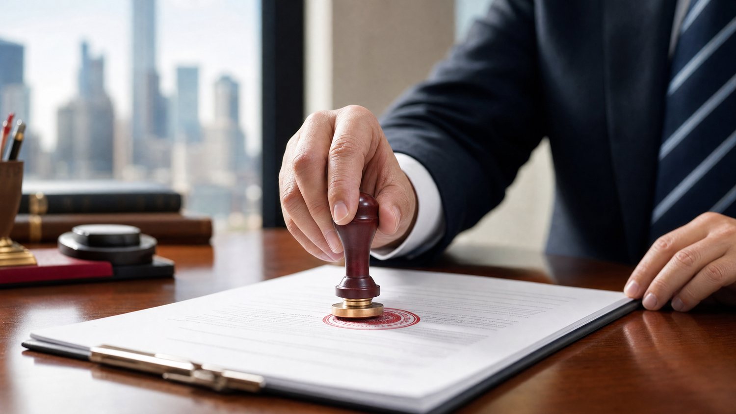 Official red stamp seal pressed onto a formal government policy document