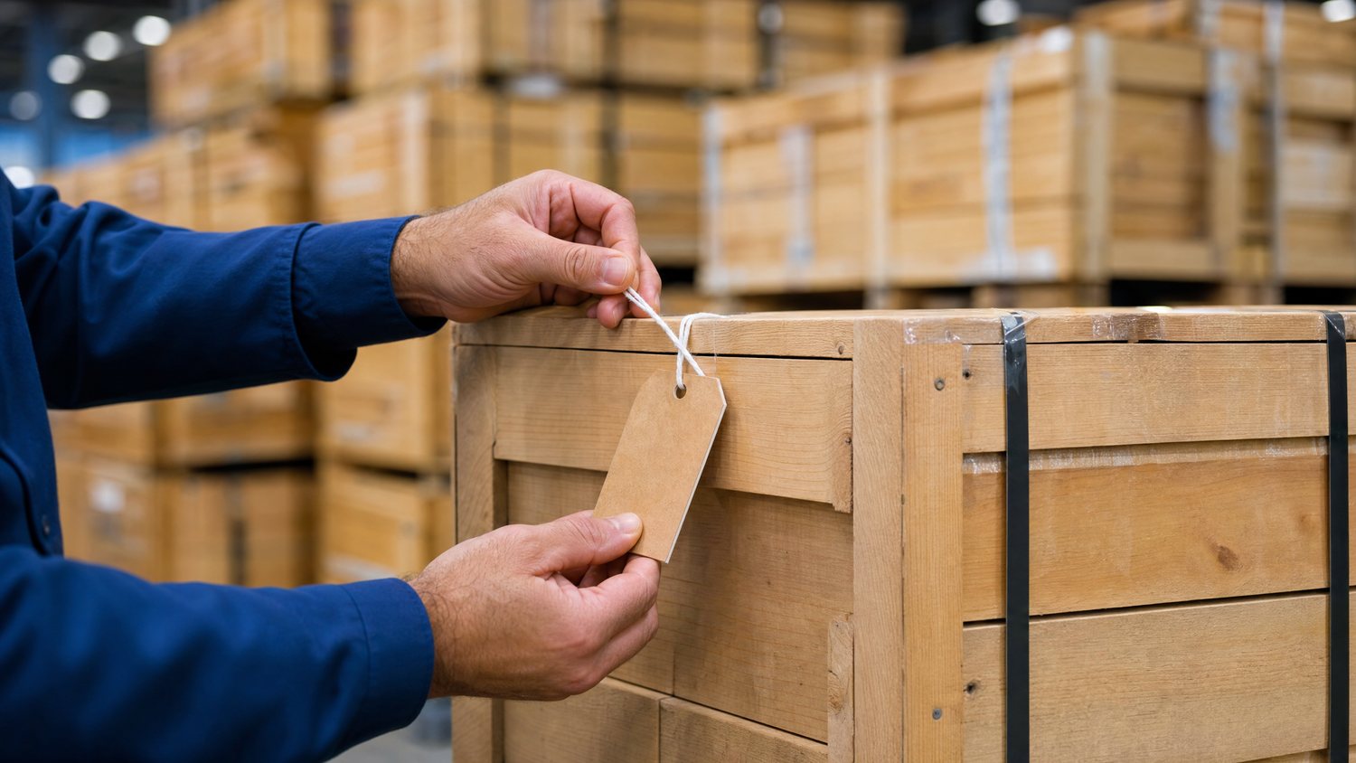 Hand attaching a price tag to a wooden export crate in a warehouse