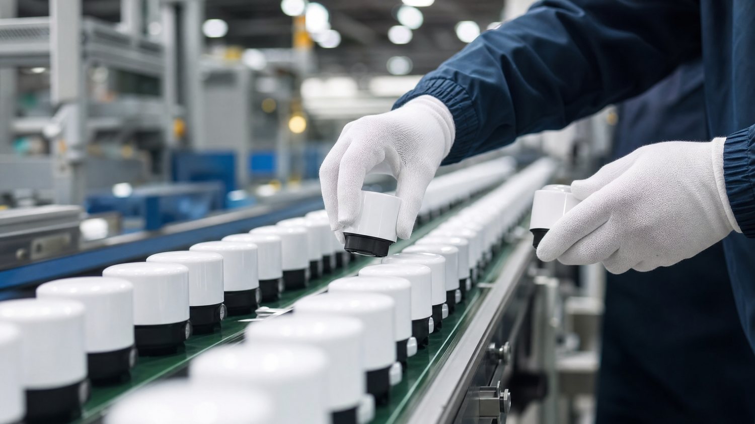 Inspector's hands selecting sample units at random from a factory conveyor belt