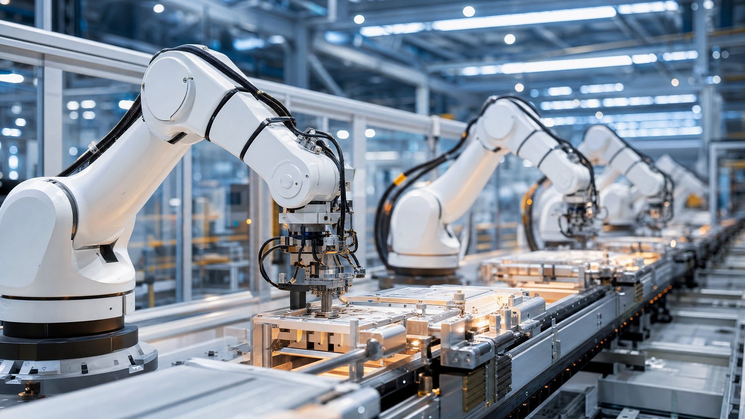 Robotic arms assembling components on an automated production line