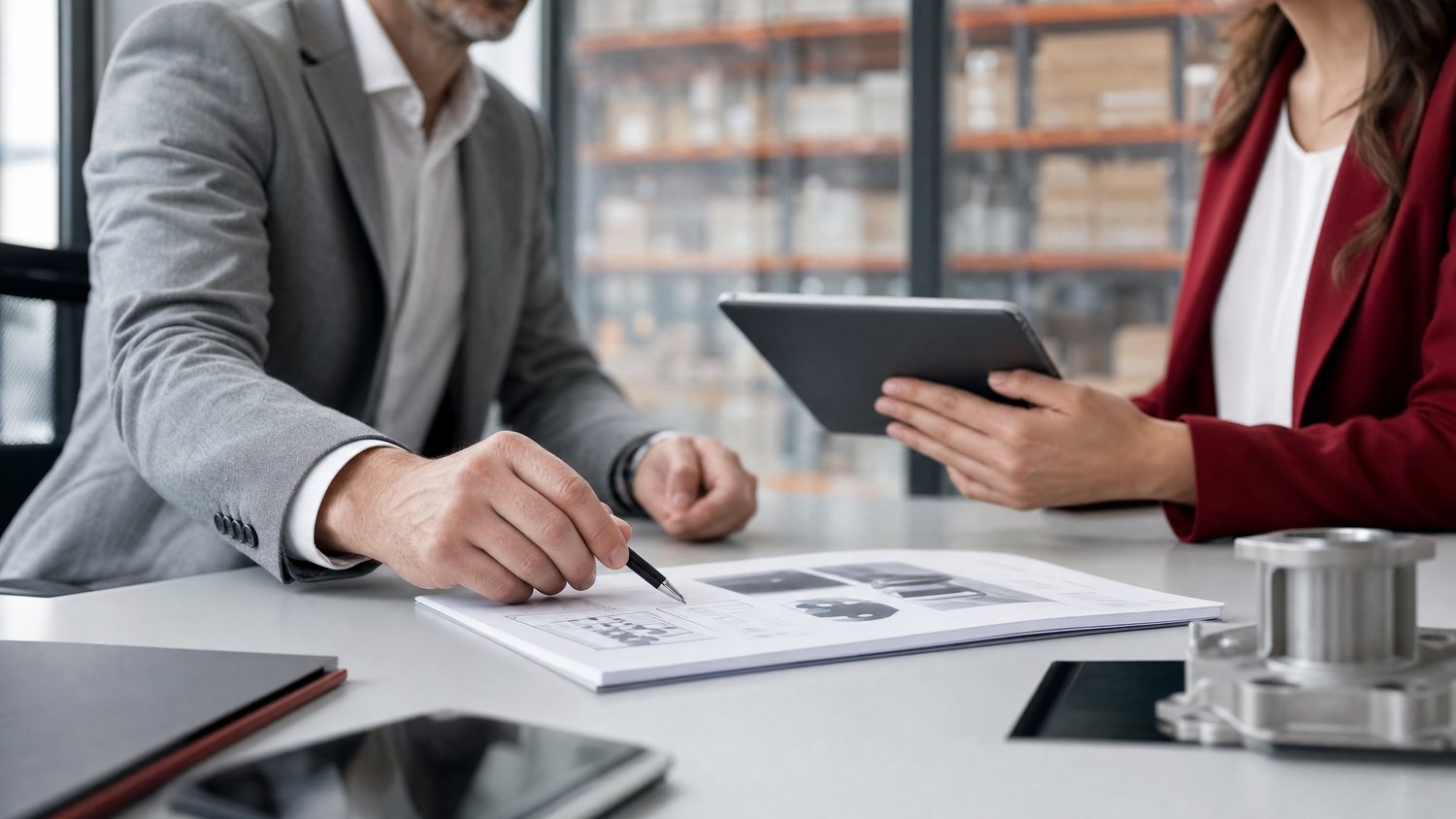 Two trade professionals reviewing a product specification sheet across a conference table