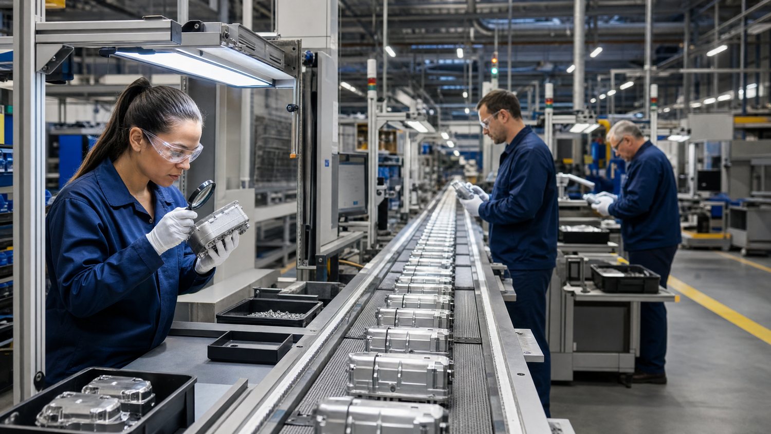 Three sequential quality-inspection checkpoints along a factory production line