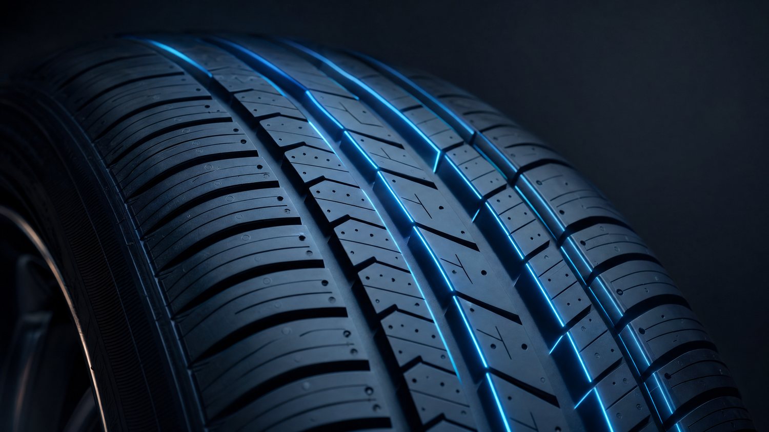 Close-up of a modern tire tread with technological light accents