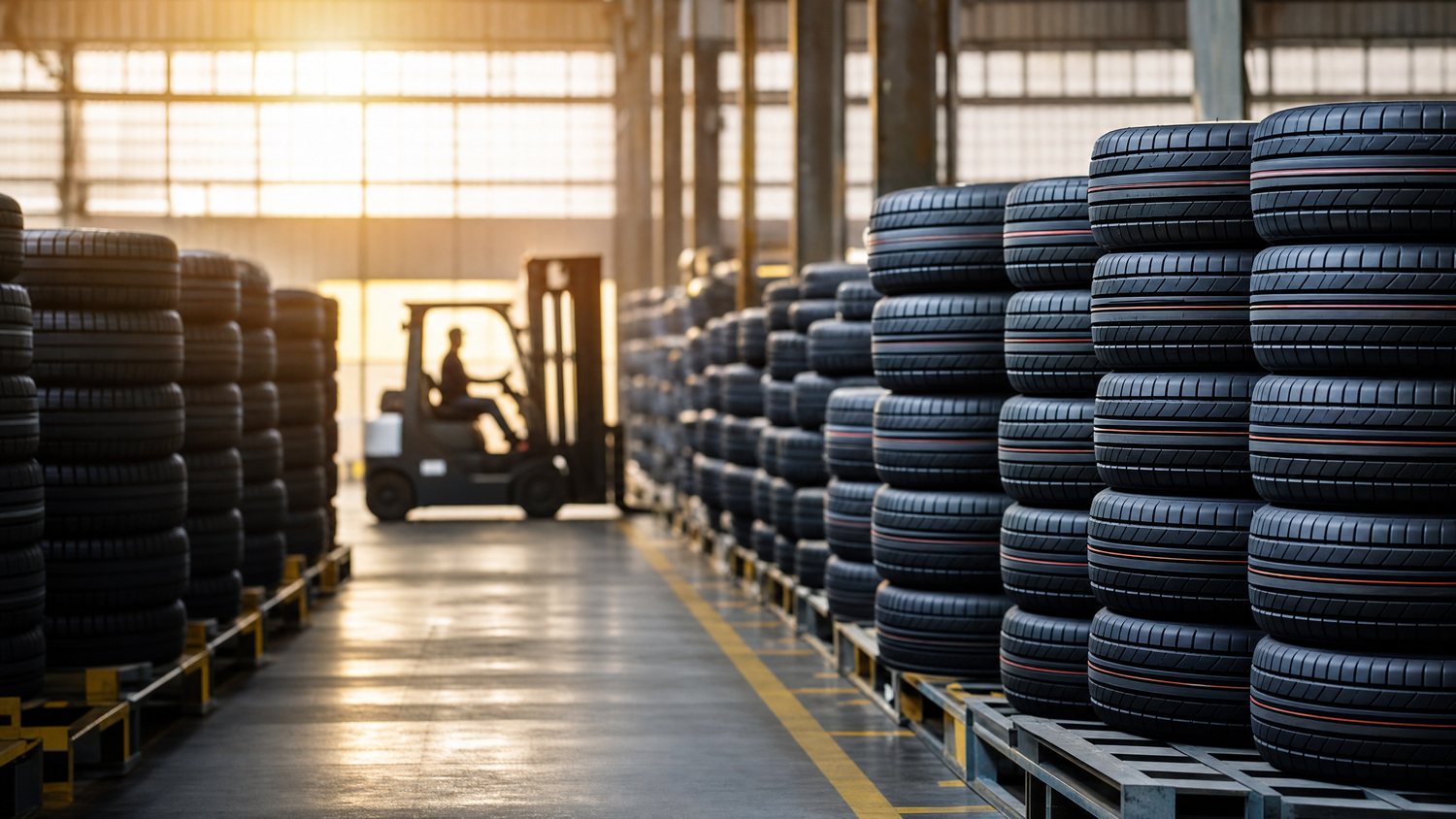 Rows of stacked tires in a large export warehouse