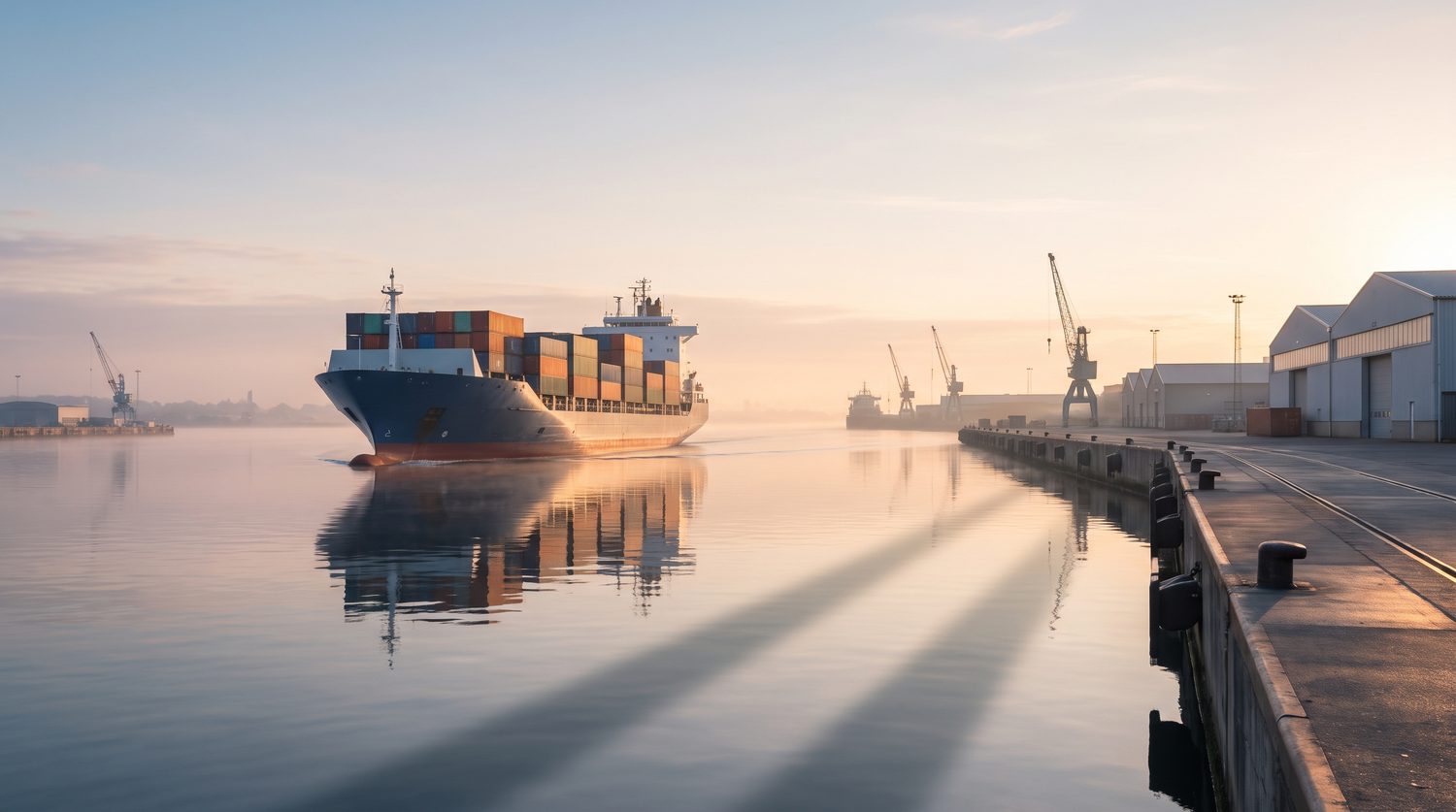 Cargo ship departing a calm port at sunrise
