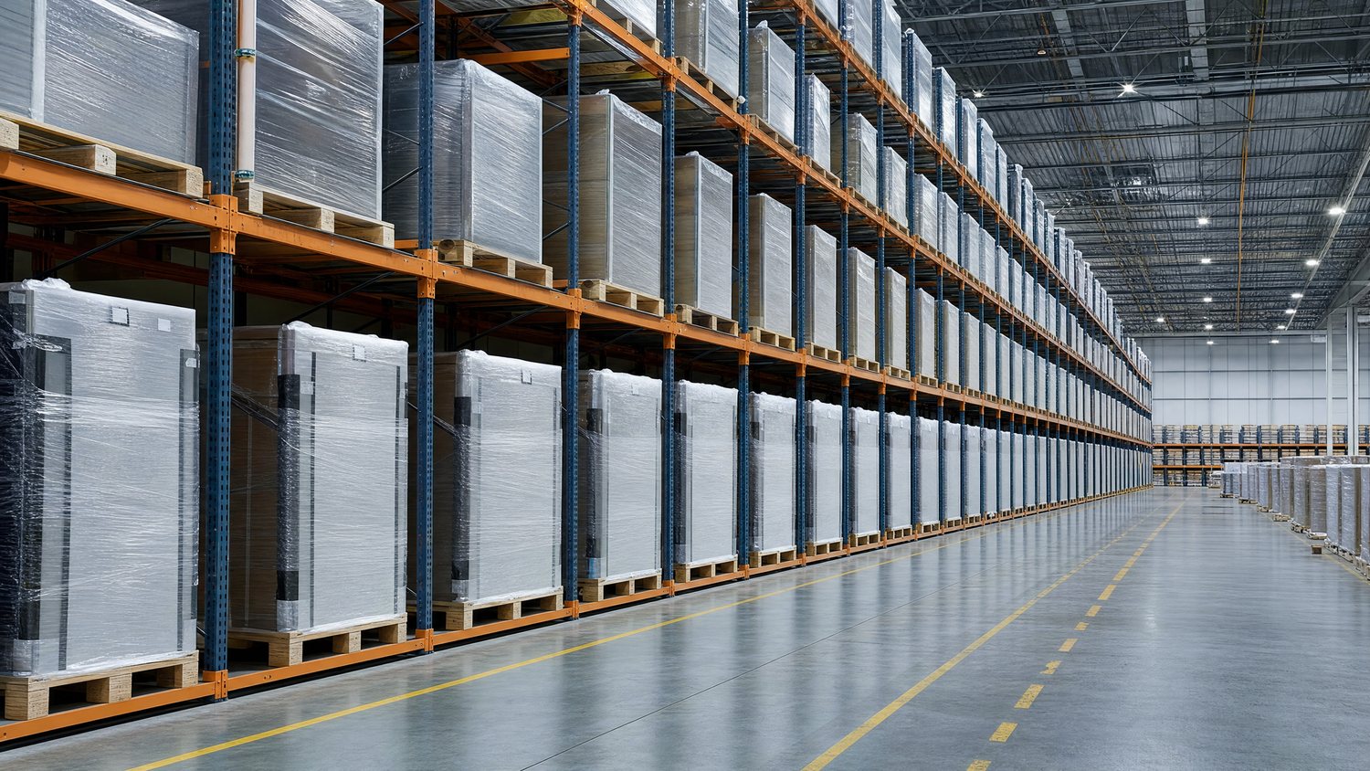 Vast factory warehouse hall with finished product inventory stacked high on industrial racking