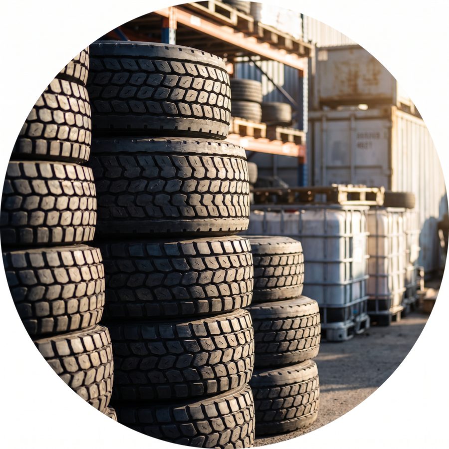 Tall stack of heavy-duty bus and trailer tires in a storage yard