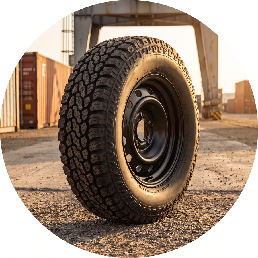 Heavy-duty tire mounted on a pickup truck at a loading yard
