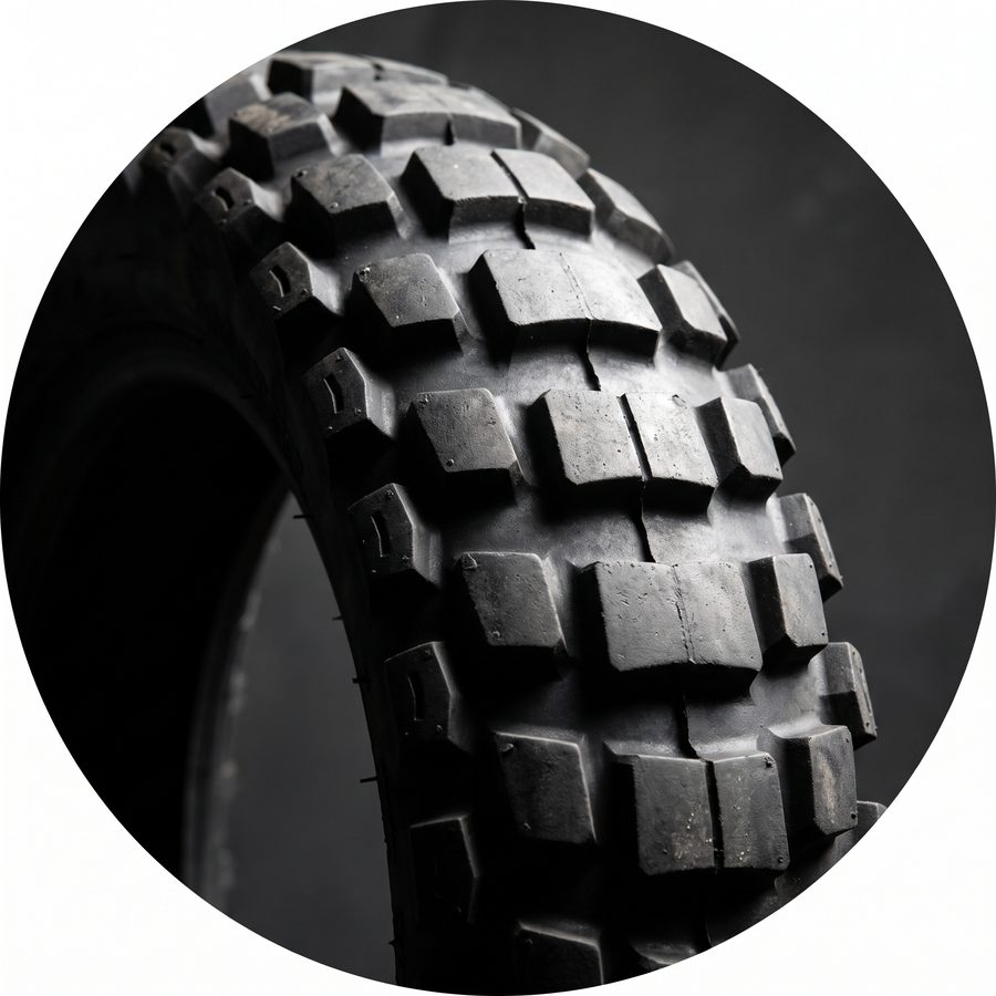 Close-up of an aggressive motorcycle tire tread