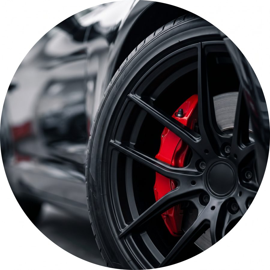 Performance sports-car wheel with a red brake caliper