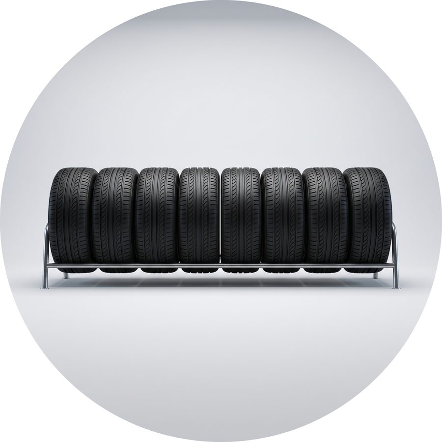 New passenger car tires arranged on a clean studio rack