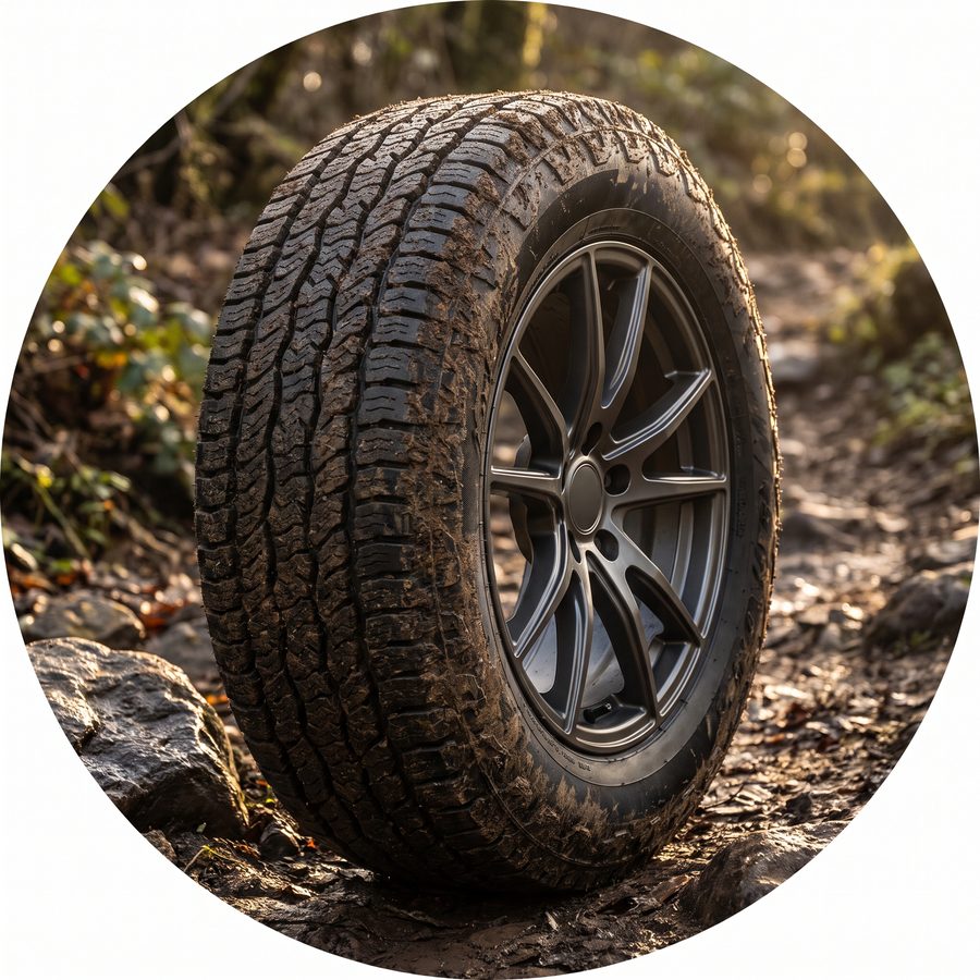 All-terrain tire mounted on a modern SUV on a muddy trail