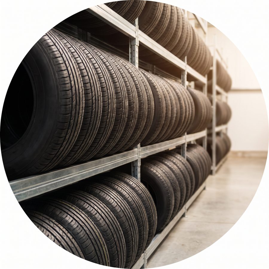 Rows of new tires displayed in a distribution warehouse