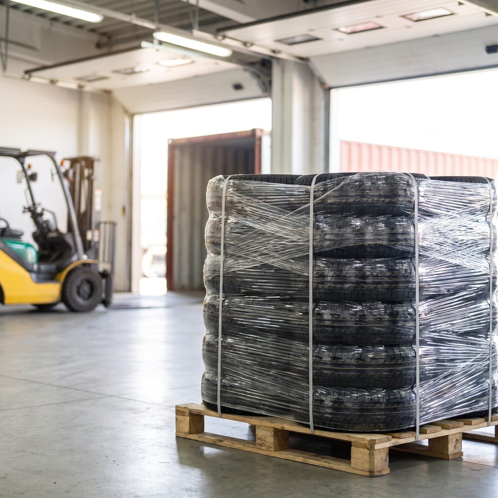 Pallet of tires wrapped for container export